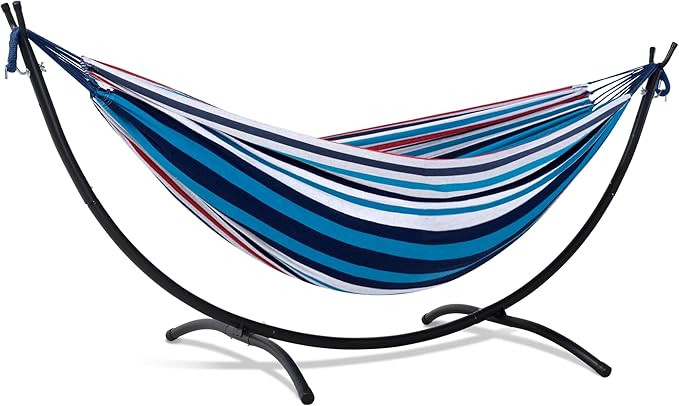 SUNCREAT Hammocks for Outside with Stand Porch Hammock and Stand 475 lbs Capacity Blue &amp Red Stripes