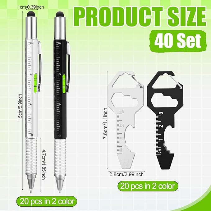 Yeaqee 40 Pcs Multi Tool Gifts For Men 6 In 1 Screwdriver Multi Tool Pens With Stainless Steel Keychain Multi-function Pens Bulk Men Gifts For Dad Husband Father's Day Birthday (BlackSilver)