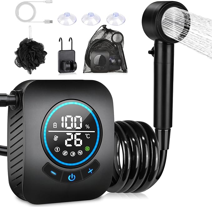 Portable Shower for Camping [Upgraded] Spopal 8000mAh Rechargeable Camping Shower with 5 Adjustable Speeds 4 Spray Modes LED Display IPX8 Waterproof Outdoor Shower Kit for Hiking Travel Car Pet
