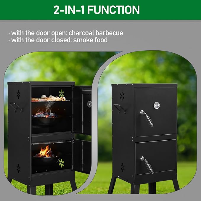 BBQ Smoker Grill with 2 Doors Vertical Charcoal Smoker with 2 Detachable Grill Racks Charcoal Pan &amp Water Pan Outdoor Meat Smoker with Thermometer 4 Air Vents Idea for Parties Backyard