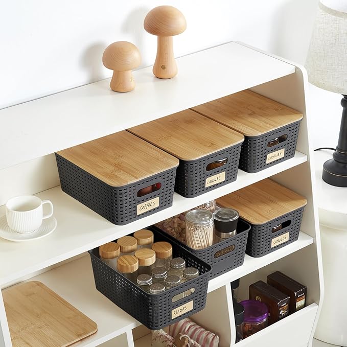 Small Plastic Storage Bins with Bamboo Lids 5.2qt Stackable Box Basket Pantry Decorative Containers Cute with Lable for Organizing Desktop Closet Office Gray of 6 packs 10 * 7.2 * 4.1