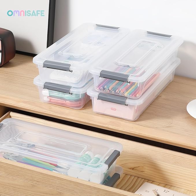 Plastic Storage Bin with Lid Stackable Design Clip Box for Crafts Supplies and Office Items Container (8 Pack 4 Quart)