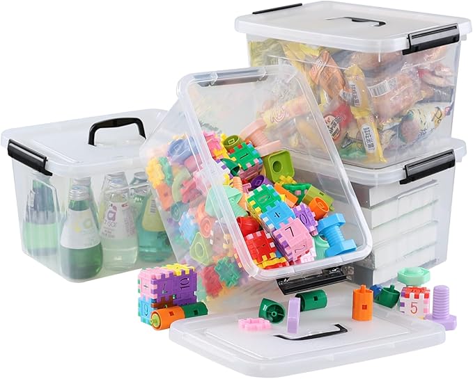 Wekioger 4 Pack 12 Quart Latching Storage Box with Handle Clear Lidded Tote Bin