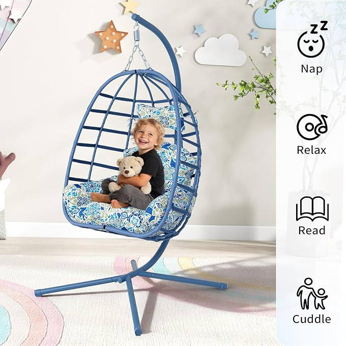 Hanging Egg Chair with Stand Outdoor Indoor Patio Rattan Swing Hammock Chairs with Washable Cushion 350lbs Capacity PE Wicker Swing Chair for Backyard Bedroom Garden (Blue + Floral Cushion)