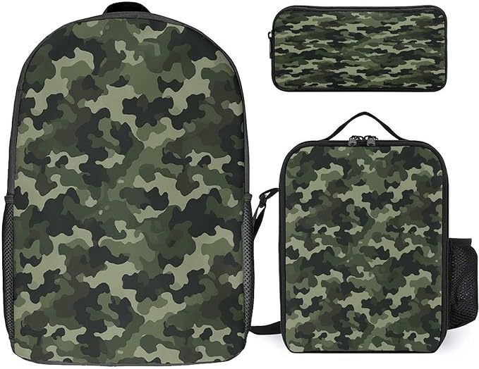 Printed Backpack With Lunch Pack Storage Box Case Green Military 3pcs Lightweight Travel Backpack