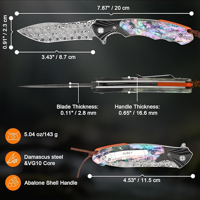 AUBEY Damascus Pocket Knife for Women Men 3.43 VG10 Damascus Steel Blade Knife with Clip EDC Folding Knives with Abalone Shell Handle Gift for Camping Outdoor Hunting Hiking Collection