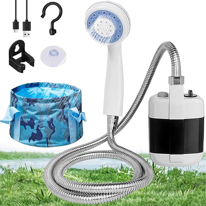 Portable Camping Shower with Adjustable Flow - for Easy &amp Convenient Outdoor Cleaning Pumps Water from Bucket Experience Refreshment Anywhere for Camping Hiking Car Washing Pet Cleaning