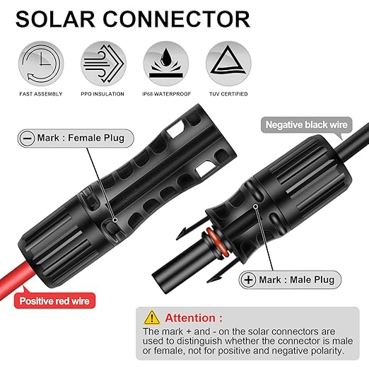 Solar Panel Extension Cable - 25FT 8AWG(10mm) Twin Wire with Female and Male Connector Tinned Copper PV Wire for Home Boat RV Outdoor