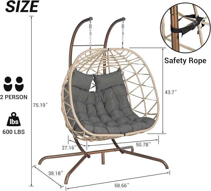 KEIKI Double Swing Egg Chair with Stand Patio Rattan Wicker Hammock Egg Chair with UV Cushion 2 Person Outdoor Indoor Hanging Basket Chair 600LBS Capacity for Balcony Dark Gray and Khaki