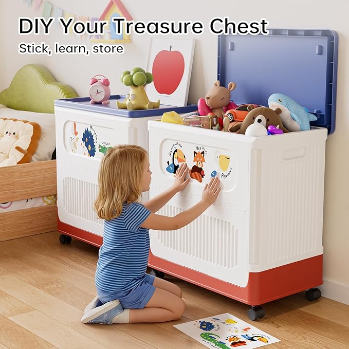 HAIXIN Storage Bin with Lid - 60 QT Plastic Storage Box with Wheels 14.8 Gal Flip-top Organizer for Clothes Large Toy Chest with Animal Stickers for Kids White Bin with Blue Lid and Red Base