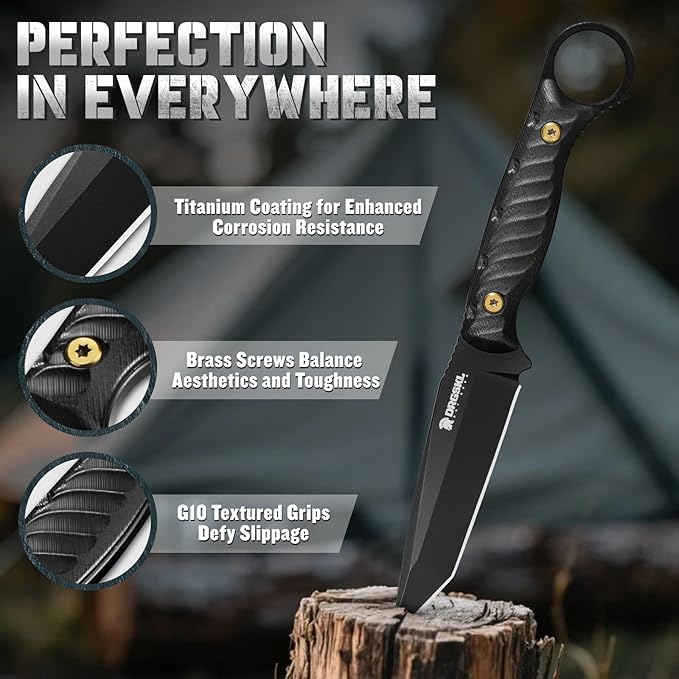 Tanto Fixed Blade Knife - Full Tang Survival Knives for Bushcraft Camping Knives with Sheath Black Knives Forged from a Single Piece of D2 Steel Ideal Gift for Men