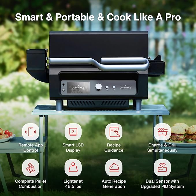 ASMOKE Smoker Guga’s Pick | Smart Portable Pellet Grill with 5 LCD Screen 8-in-1 BBQ 8H Battery Wi-Fi Control 271 sq.in ASCA Steam Tech PIN Precision Temp Fit for Camping Family Outdoor Cooking