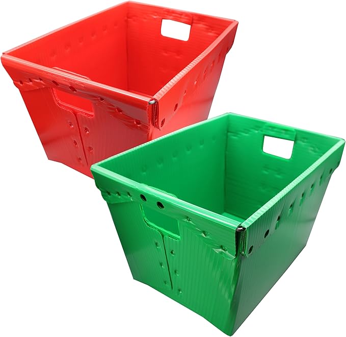 Flipside Products Storage Totes Durable Plastic Storage Totes with Reinforced Metal Frame Red and Green Organization Holiday Christmas Postal 2 Pack