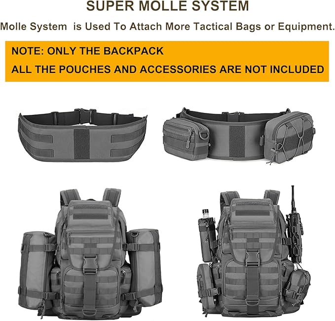 50L Military Tactical Backpack Molle Rucksack Large Army 3 Day Assault Pack Heavy Duty Backpack for Men (Grey)