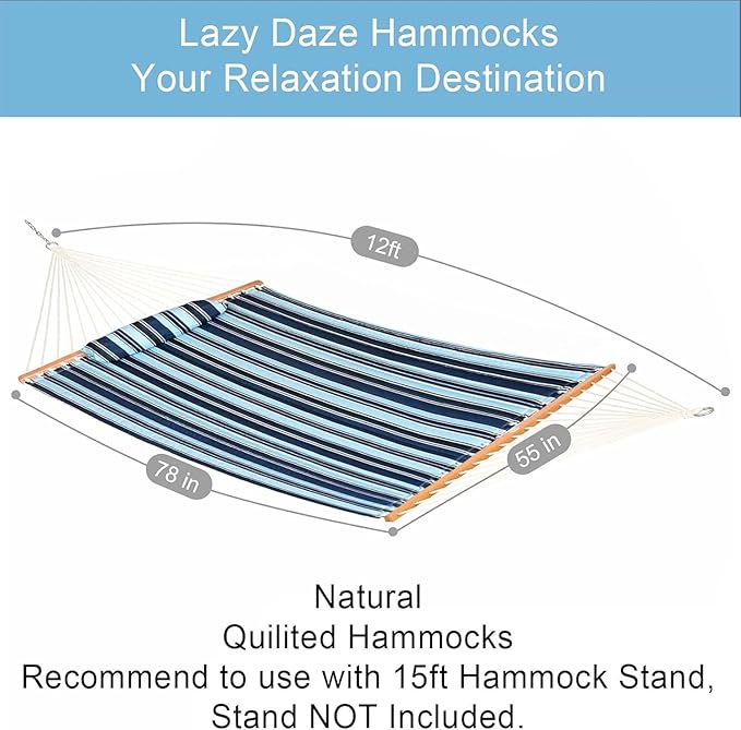 Lazy Daze Hammocks 12 FT Quilted Fabric Double Hammock with Spreader Bars and Detachable Pillow 450lbs Weight Capacity