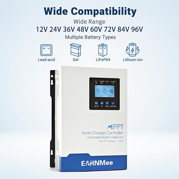 120A MPPT Solar Charge Controller 12-96V Auto-Detect Max 230V VOC 11520W PV Input LiFePO4/Li-ion/Lead-Acid Full-Power MPPT for RV Off-Grid Marine Home Backup