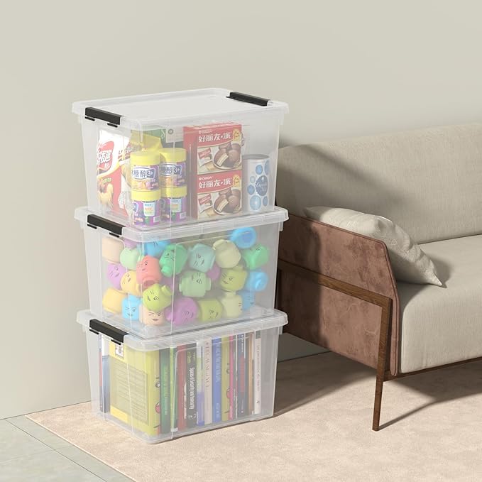 24 Quart Clear Latching Bin with Lids Stackable Plastic Storage Box with Wheels 6 Packs