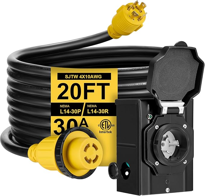20FT 30 Amp Generator Cord with Pre-Drilled Power Inlet BoxHeavy Duty Generator Power Cord 4 Prong125/250VNEMAL14-30P/14-30RWaterproofETL ListedHome/RV Power Supply