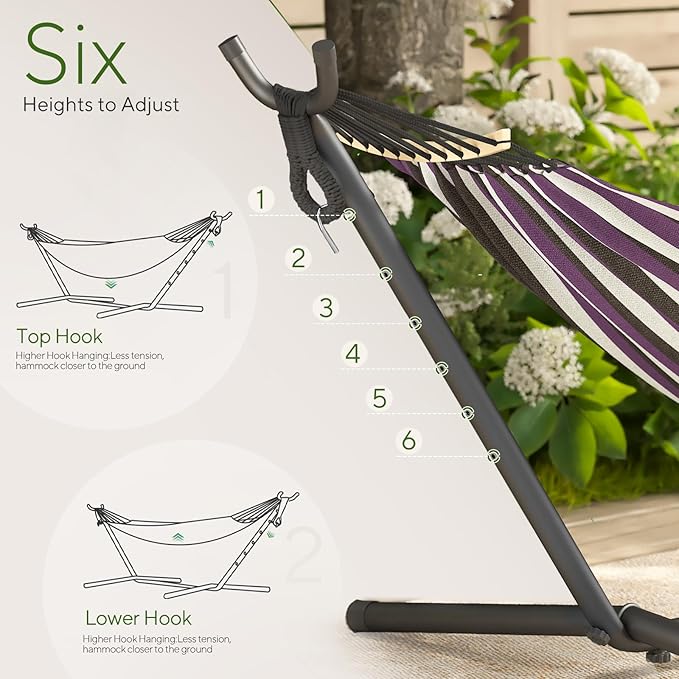 600lbs Hammock with Stand for Outside 2 Person Portable Hammock with Side Storage Carrying Bag Expend Wooden Bar for Outdoor or Indoor (Purple Black)