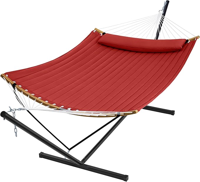 SUPERJARE Hammock with Stand 2 Person Heavy Duty Hammock with Padded Cotton Detachable Pillow &amp Strong Curved-Bar &amp Portable Carrying Bag Perfect for Outdoor &amp Indoor Red