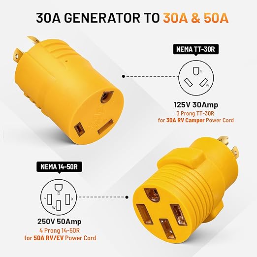 MECMO (2-in-1 Kit) NEMA L14-30P to 14-50R TT-30R RV Generator Adapter Kit 4 Prong Twist Lock 30A Generator Plug L14-30 to 50 Amp 14-50 and 30 Amp TT-30 for RV Camper EV Charger Tesla Level 2 Charging