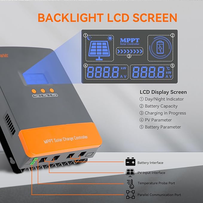 PowMr 80A MPPT Solar Charge Controller 12V 24V 36V 48V Auto Solar Controller PV Input Max 160V Supports up to 12 Parallel Connections Fit for AGM Gel FLD and Lithium【Update - Supports Parallel】