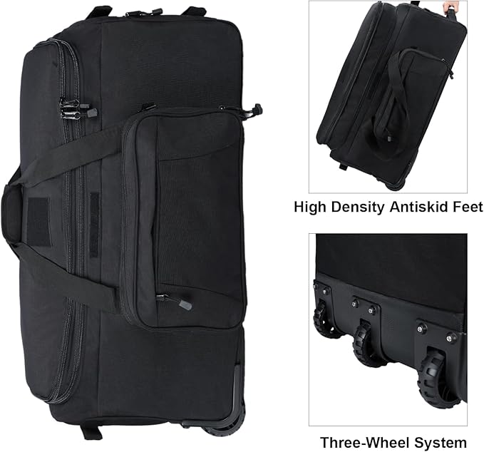 Military Wheeled Deployment Bag Large Tactical Heavy Duty Duffel Bag for Camping Hiking (Black)