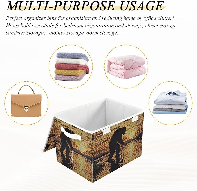Storage Cube with Lid Sunset Sasquatch Print 16.5×12.6×11.8 IN Collapsible Large Capacity Foldable Storage Basket Bin Organizer