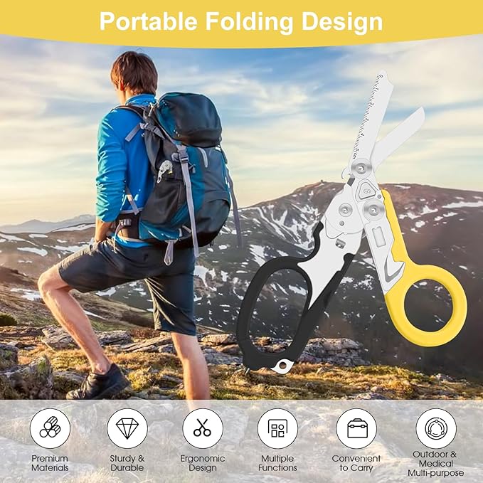 6 in 1 trauma shears folding emergency shear Outdoor Camping Tools Seat Belt Cutter Oxygen Cylinder Wrench Complimentary Adjustable Wrench (Black Yellow)