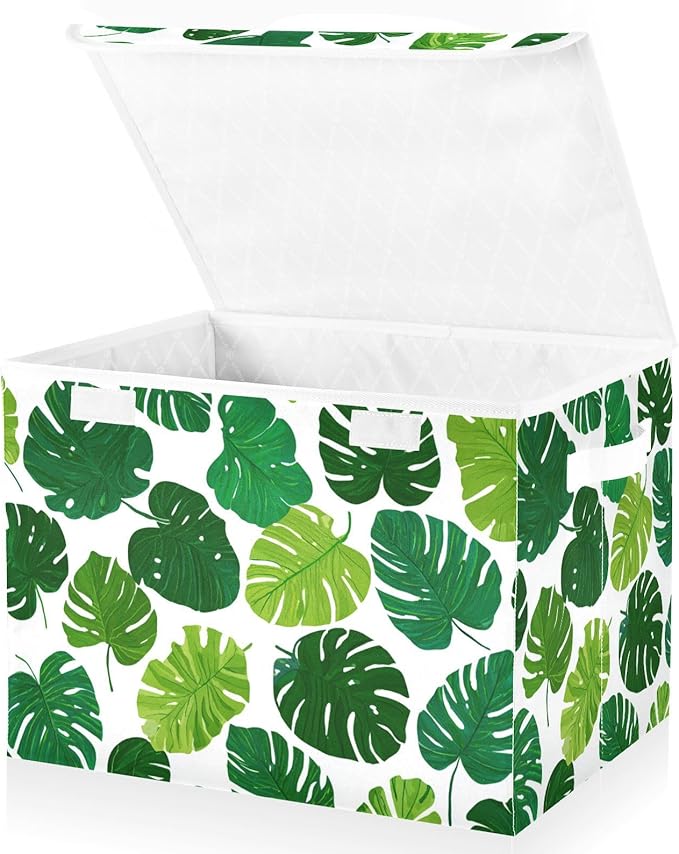 Dark Green Tropical Leaf Collapsible Storage Bins with Lids Decorative Fabric Cubes Closet Organizer Basket Boxes Containers for Clothes Box Chest Folding Rectangle