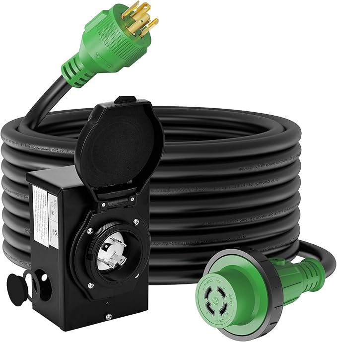 RVGUARD Emergency Power Combo Kit 100 Foot 30 Amp Generator Cord and Power Inlet Box NEMA L14-30P to L14-30R Generator Cord with NEMA L14-30P Pre-Drilled Generator Inlet Box ETL Listed