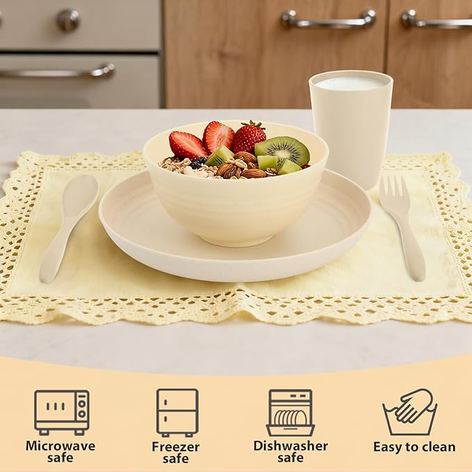 Kitchen Wheat Straw Dinnerware Sets for 4 Unbreakable Kids Dish Set 20 PCS - Dinner Plate/Cereal Bowl/Cup/Fork/Spoon for Outdoor Camping RV Apartment Essentials - Beige