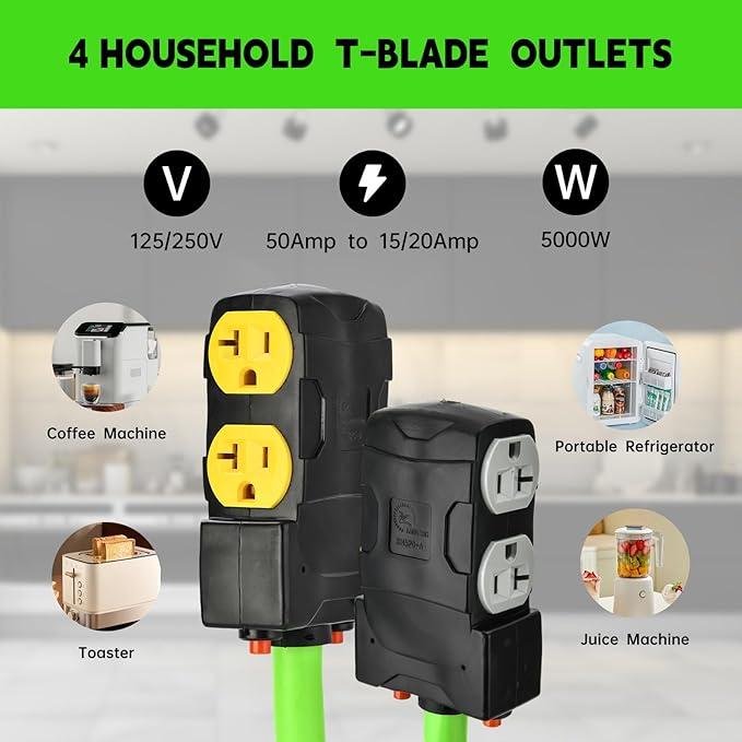 50 Amp to 20 Amp 110V Generator RV Distribution Adapter 14-50P to 4 X 5-20R/15R RV 4-Prong to Mutiple Household Outlet w/ 20amp Circuit Breaker 1.5FT