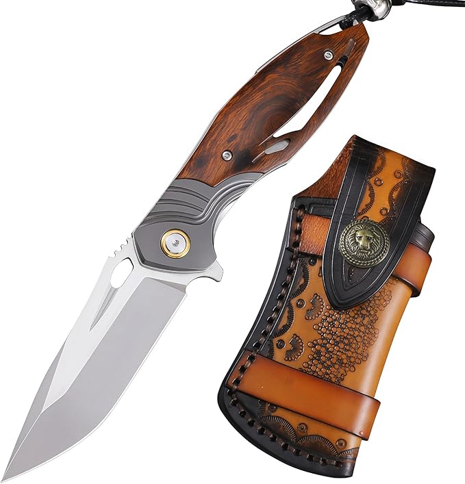 Pocket Knife Hunting Knives &amp Tools Knifes HRC 62 Desert Ironwood Handle Hand-Carved Vegetable-Tanned Leather Sheath Folding Knife for Men
