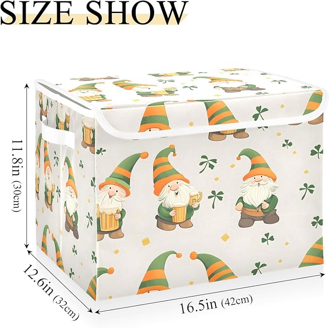 Christmas Storage Baskets with Lids St. Patrick's Day Cute Gnomes Collapsible Bins Stackable Fabric Linen Baskets Closet Organizer Container 16.5x12.6x11.8