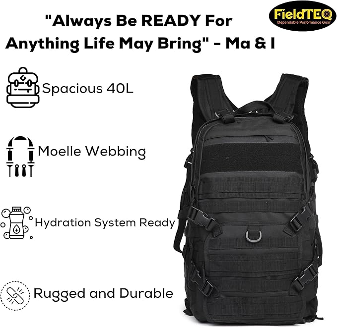 Tactical Backpack - Military Survival Patrol Bag - 40L Bug Out Bag - Molle webbing - for Camping Hunting Hiking Trekking &amp other Outdoor Adventures - Black