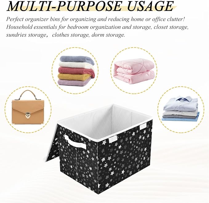 Storage Bins with Lids Storage Containers Box Organizer Bin Basket with Handles for Closet Shelves Clothes Stackable Foldable Decorative Cute Silver and Gray Stars