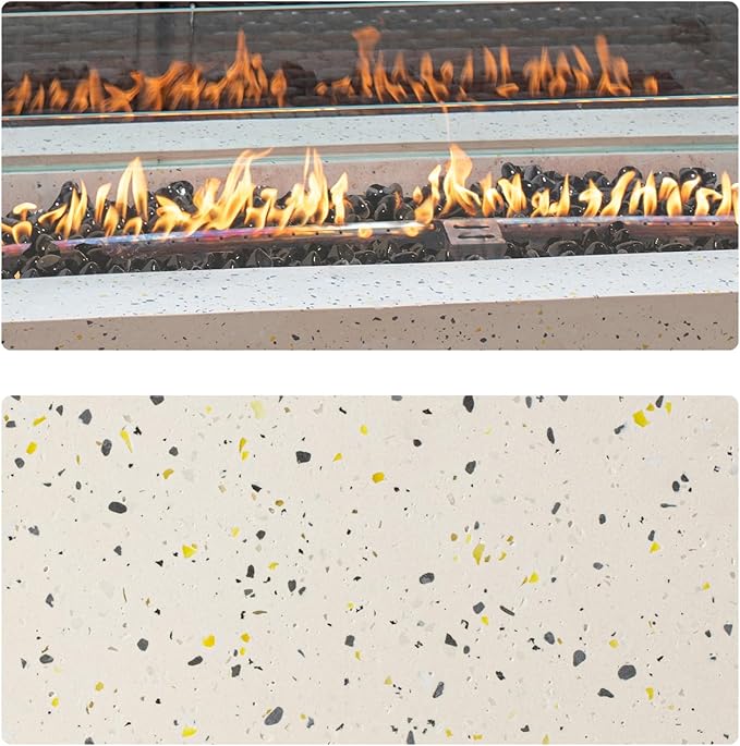 COSIEST 2-Piece Outdoor Propane Fire Pit Table Set w Tank Table 42-inch Terrazzo Rectangle Fire Table (50000 BTU) w 16 inches Tank Cover Side Table 20lb Wind Guard Black Fire Glass Rain Cover