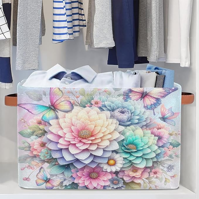 Pardick Basket Storage Bins Rainbow Flower Floral Rectangle Cube Basket Box Kids Girls Boys Toys Organizer Beaket Decor Foldable with Handle for Living Room Bedroom Closet Nursery Office Shelf Gifts