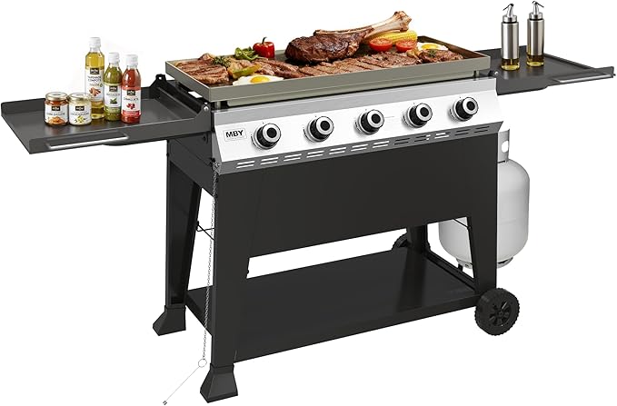 5-Burner Propane Gas Griddle 50000 BTU Outdoor Flat Top Propane Grill with 540 Sq In Cooking Area Rolling Wheels &amp Folding Side Shelves for Camping Tailgating &amp Backyard BBQ Black