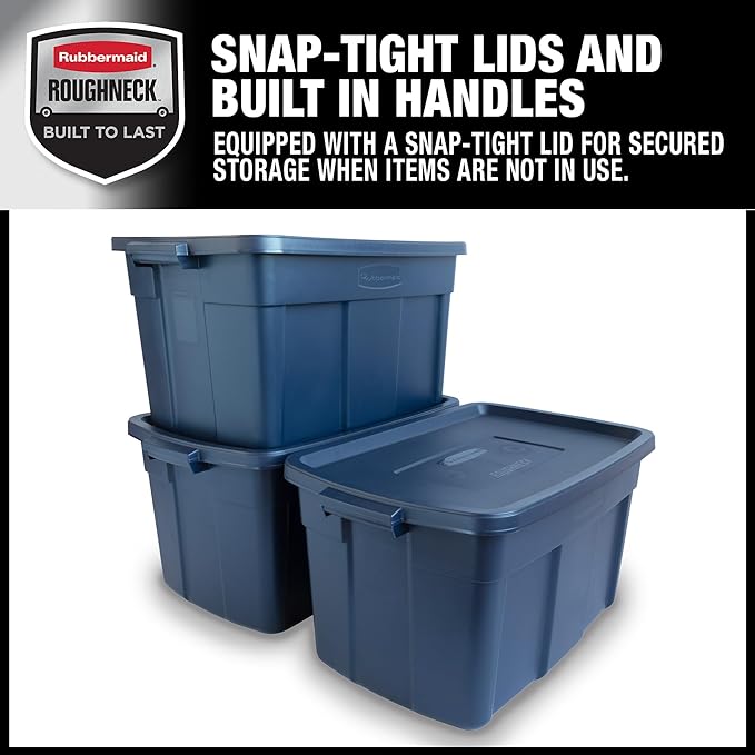 Rubbermaid Roughneck Tote 31 Gal 3 Pack Made in USA Dark Indigo Metallic Rugged Plastic Stackable Storage Bins with Lids and Handles