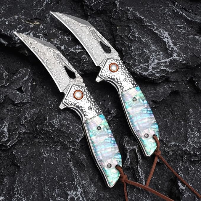 Damascus Pocket Knife for Women 2.95 Sharp Damascus Steel Blade Abalone Shell Handle EDC Folding Knives for Camping Hiking