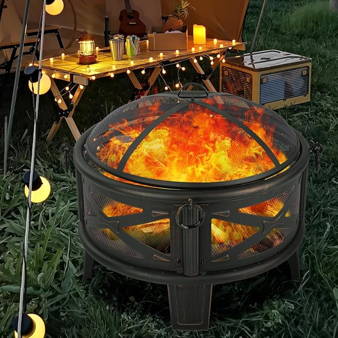 Breezz 26 Inch Wood Burning Fire Pit with Cooking Grill and Spark Screen Outdoor Metal Round Firepit for Patio Backyard Bonfire Party Camping
