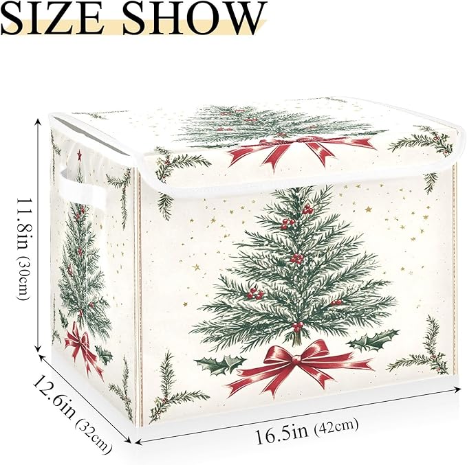 Bolaz Storage Bins with Lids and HandlesRed Ribbon Christmas Tree Storage Box Storage Basket with Cover Collapsible Organizer Containers for Home Closet Shelves