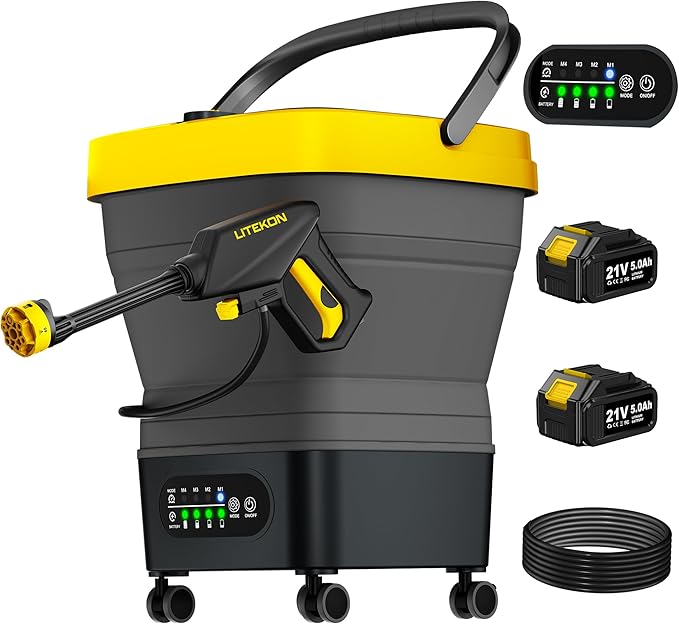 Litekon Portable Cordless Washer 2x5.0Ah Battery 4 Adjustable Model with 4.5Gal Tank 10FT Hose 6-in-1 Nozzle for Car WasherPatioCamping
