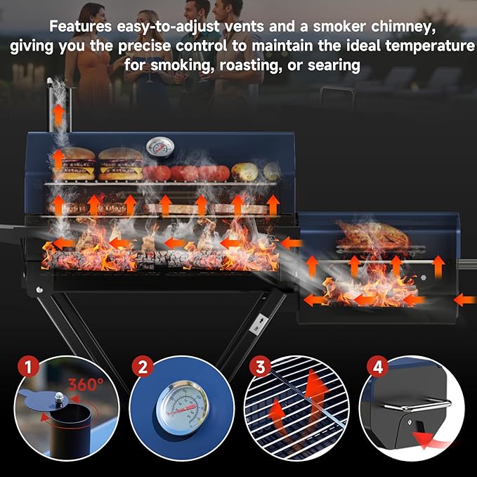 Portable Charcoal Grill with Smoking Function Foldable Suitcase Design with Wheels Multi-Tier Storage Rack &amp Waterproof Cover for Outdoor BBQ Parties (Blue)