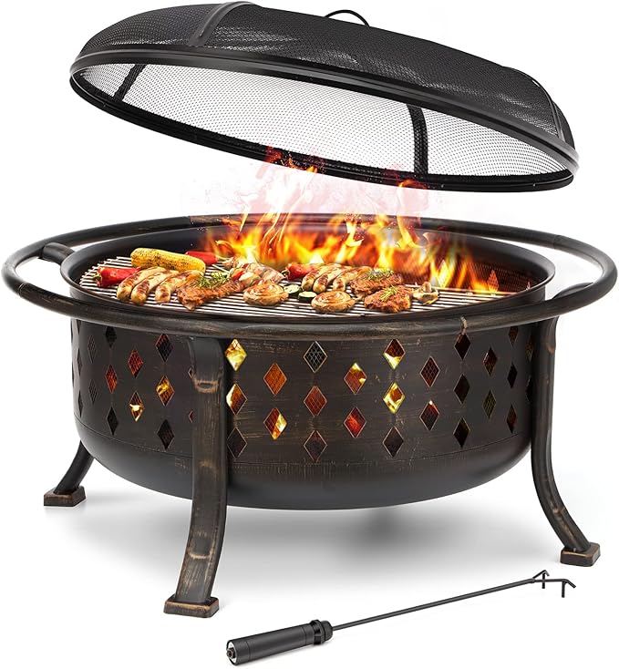 SINGLYFIRE 36 Inch Fire Pits for Outside Large Outdoor Wood Burning Crossweave firepit Heavy Duty Steel Bronze Bonfire Pit for Patio Backyard Garden with BBQ GrateSpark ScreenLog GratePoker
