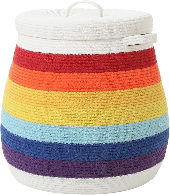 20 x 20 Extra Large Cotton Rope Storage Basket with Lid – Flagon Design – Perfect for Clothes Blankets and Living Room Organization (Rainbow/White 20x20)