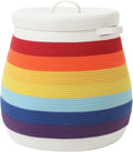 20 x 20 Extra Large Cotton Rope Storage Basket with Lid – Flagon Design – Perfect for Clothes Blankets and Living Room Organization (Rainbow/White 20x20)
