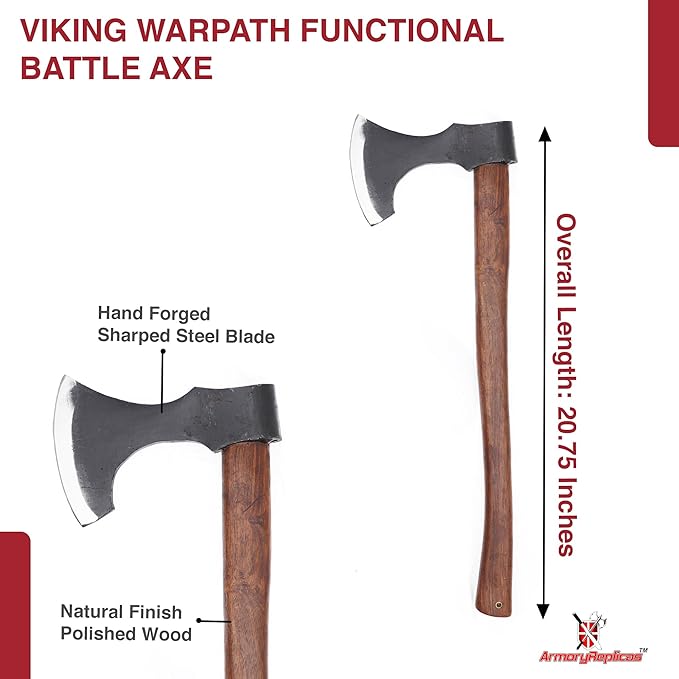 Armory Replicas™ Medieval Outdoor Viking Warpath Functional Battle Axe – Hand-Forged Iron Steel Blade 20.75 Length Rustic Finish Perfect for Reenactments &amp Outdoor Use